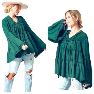 ANDREE | Babydoll Top In Emerald Green Bell Sleeves Tiered A-line Tunic Size L